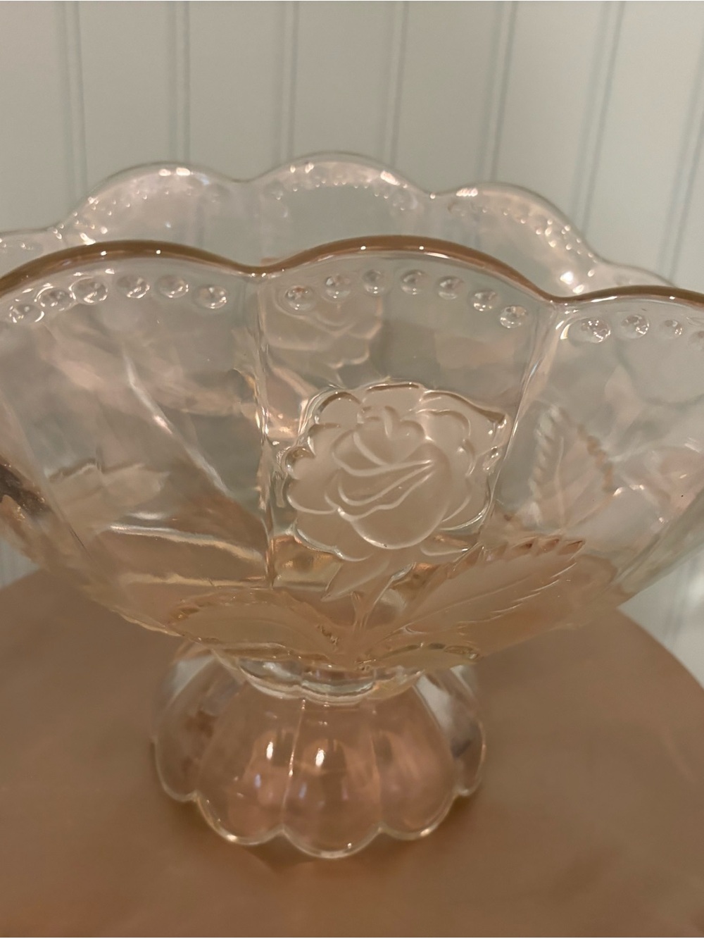 Pressed Glass Rose Pedestal Bowl - Pink